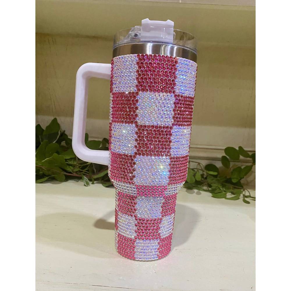 NEW LUCKY & BLESSED women's checkered rhinestone tumbler in pink and white